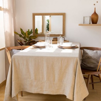 NATURAL LINEN TABLECLOTH FRAME BORDER AND 6 NAPKINS 